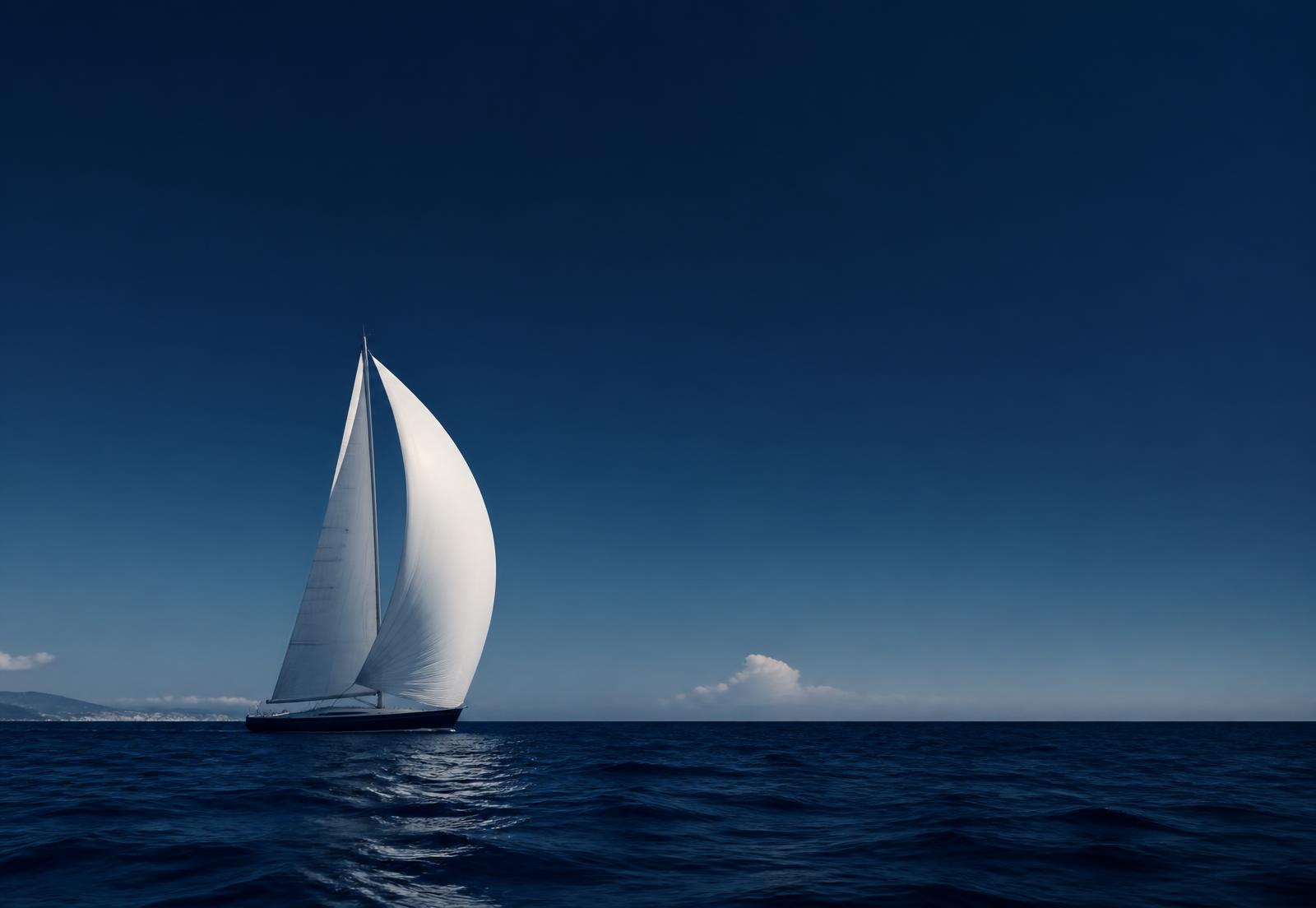 Veleiro branco navegando em mar azul profundo
